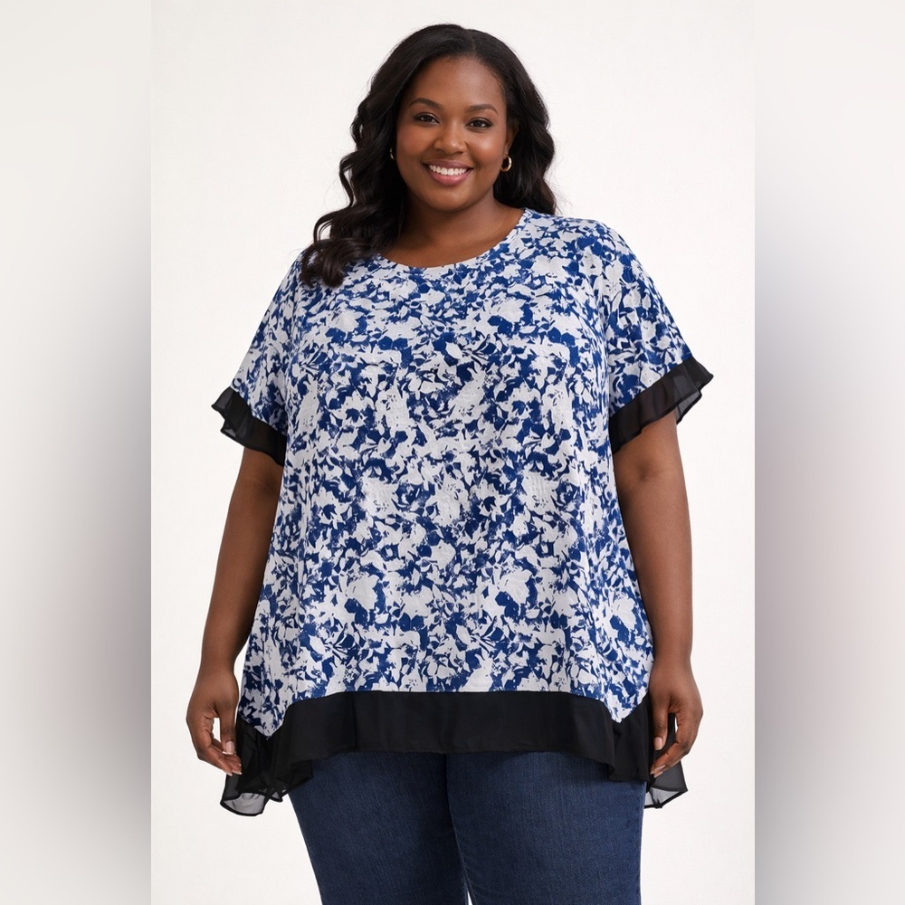 Amana Women's Floral Blouse 2X Navy White Boho Chiffon Ruffle Trim Top NWT